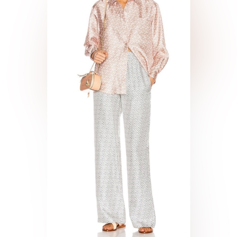 Burberry Pink White TB Logo Button Down Shirt Blouse Pants Set Size S M